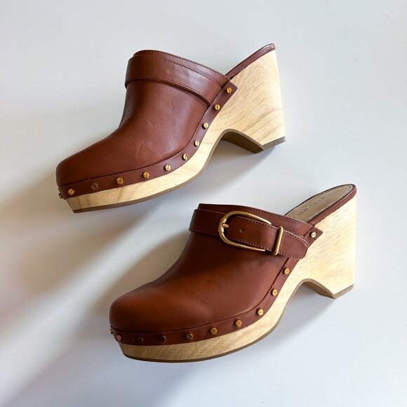 Veronica Beard Hendrix Hazelwood Brown Leather Studded High Heel Clogs 8.5 - Picture 4 of 8